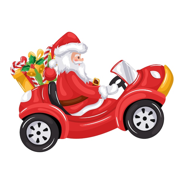 Vector santa claus driving a car cartoon delivering gifts for merry christmas card