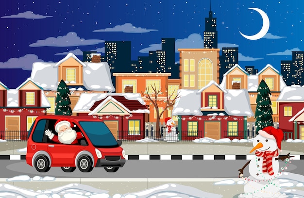 Vector santa claus driving car in the town at night scene