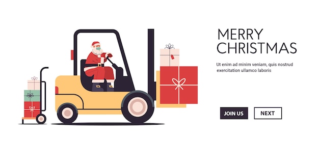 Babbo natale guida carrello elevatore carico regali colorati buon natale felice anno nuovo concetto di consegna espressa orizzontale copia spazio illustrazione vettoriale