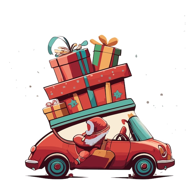 Santa Claus Driving A Gift Car Christmas Ornament Vector Illustration