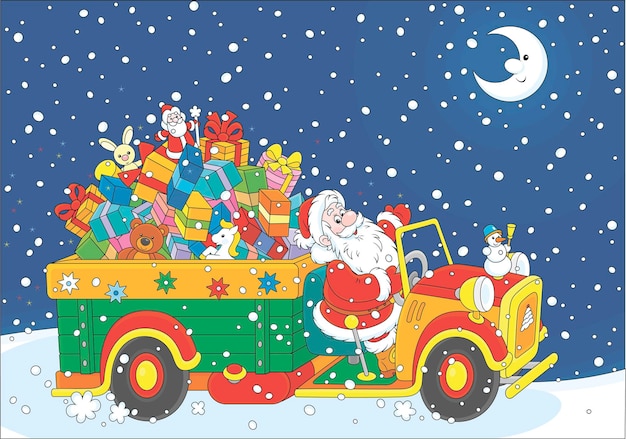 크리스마스 전날 눈 덮인 밤에 선물을 들고 차를 몰고 있는 산타클로스