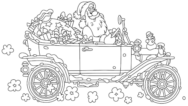 Santa Claus driving his old car with Christmas gifts for little kids