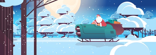 Babbo natale alla guida di una slitta con doni buon natale felice anno nuovo vacanze invernali celebrazione concetto paesaggio invernale sfondo biglietto di auguri orizzontale a piena lunghezza illustrazione vettoriale