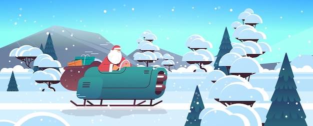Vector santa claus driving sleigh car with gifts merry christmas happy new year winter holidays celebration concept winter landscape background greeting card horizontal full length vector illustration