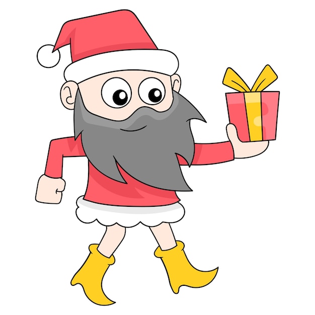 The santa claus dwarf is walking carrying christmas gifts doodle icon image kawaii