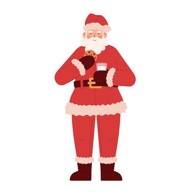 Santa Claus eats cookies and drinks milk Cute Santa illustration isolated on white background