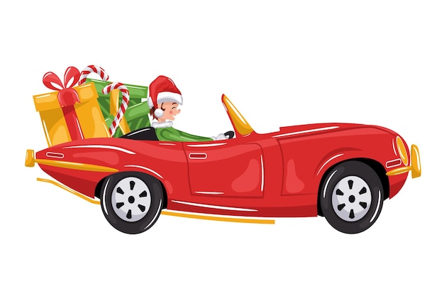 Vettore elfo di babbo natale alla guida di una vecchia auto classica retrò dei cartoni animati che trasporta regali per festeggiare il buon natale