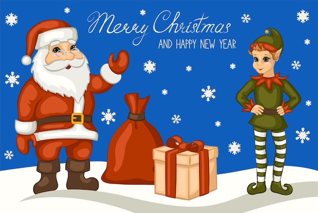 Santa Claus and elf. Merry Christmas and happy new year greetings. Bag and gift box on snow