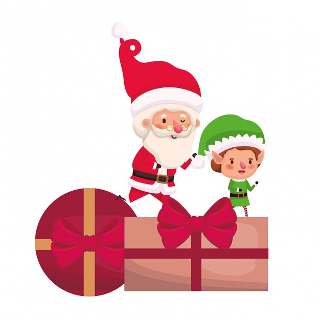 Santa claus and elf with gifts boxs