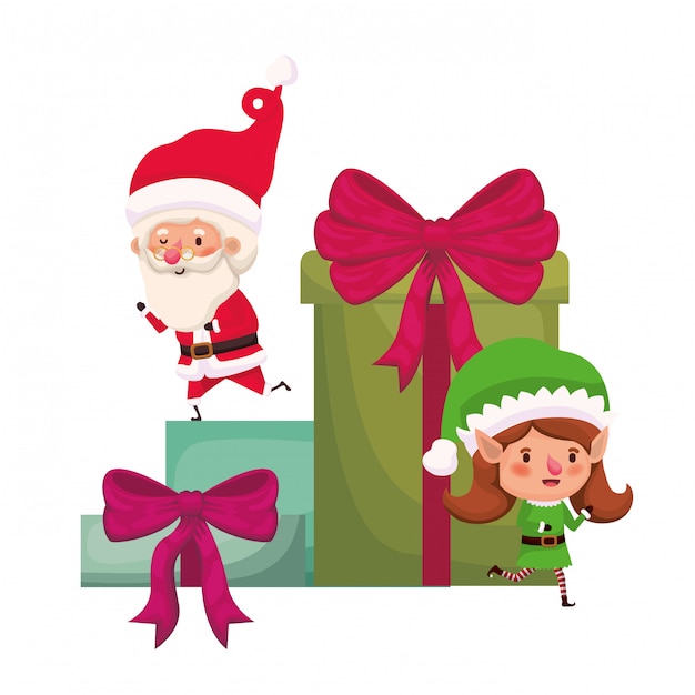 Santa claus and elf woman with gifts boxs