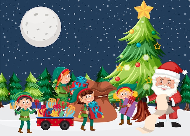 Санта-Клаус и эльфы доставляют подарок на Рождество