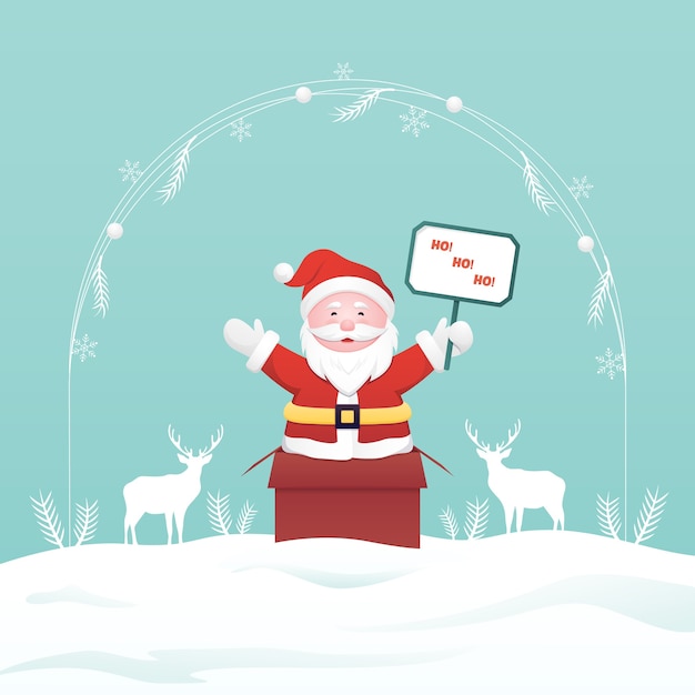 Santa Claus emerging from gift box on winter background