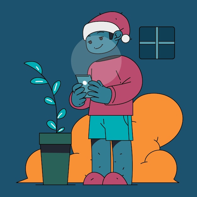 Santa claus enjoying his work time on christmas eve in flat design