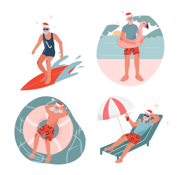 Santa claus enjoying summer vacation set bearded man in red santa hat riding surfboard floating on inflatable ring sitting on sunbed and drinking cocktail vector illustration