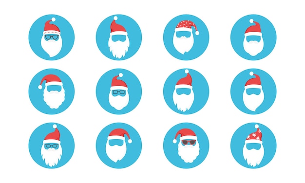 Santa claus face vector icon with beard hat hipster new year men winter old character set