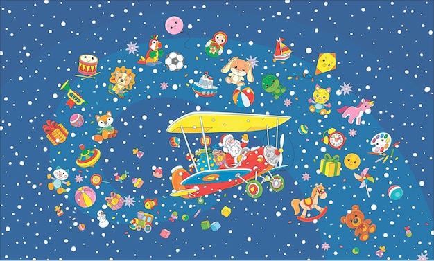 Santa Claus flying in his plane with a Christmas greeting banner and carrying a magical bag of gifts