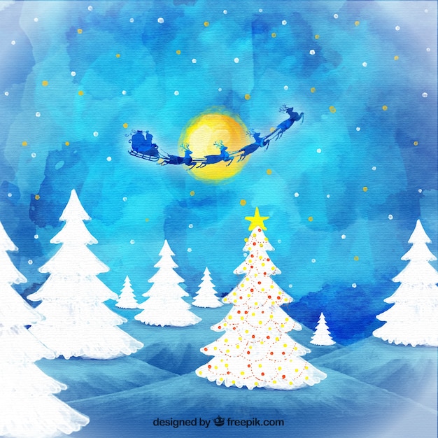 Santa claus flying at night watercolor background