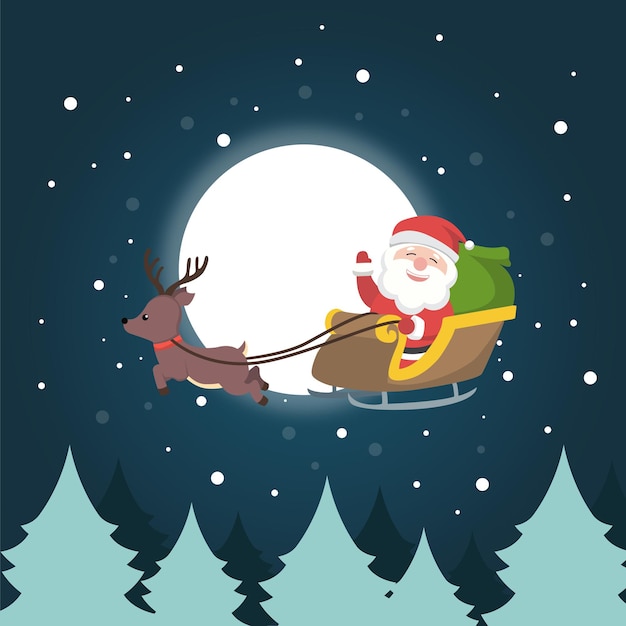 Vector santa claus flying at night