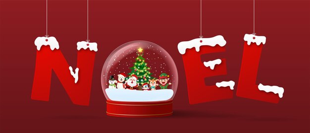 Santa claus and friend in a snow globe with noel hanging word, merry christmas