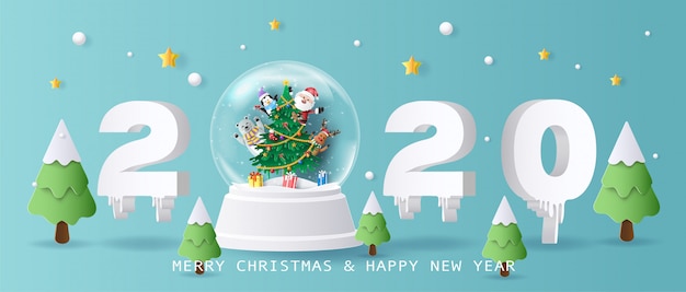 Santa claus and friends in christmas globe, merry christmas and happy new year 2020.