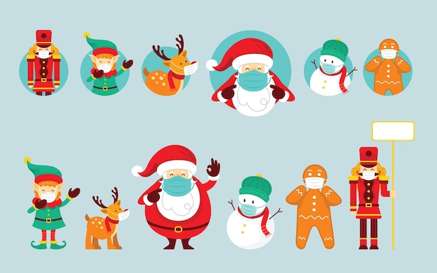 Vector santa claus and friends wearing face mask set
