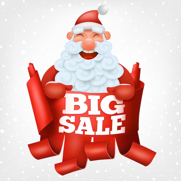 Santa claus funny character holding big sale banner. 