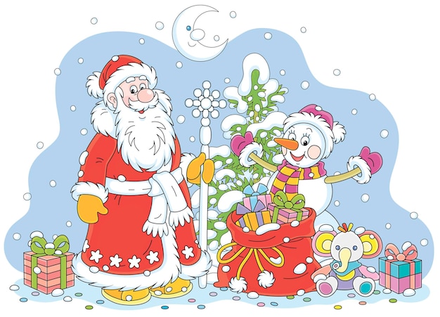 Santa Claus and a funny snowman with a Christmas fir tree and a magic bag of sweet holiday gifts