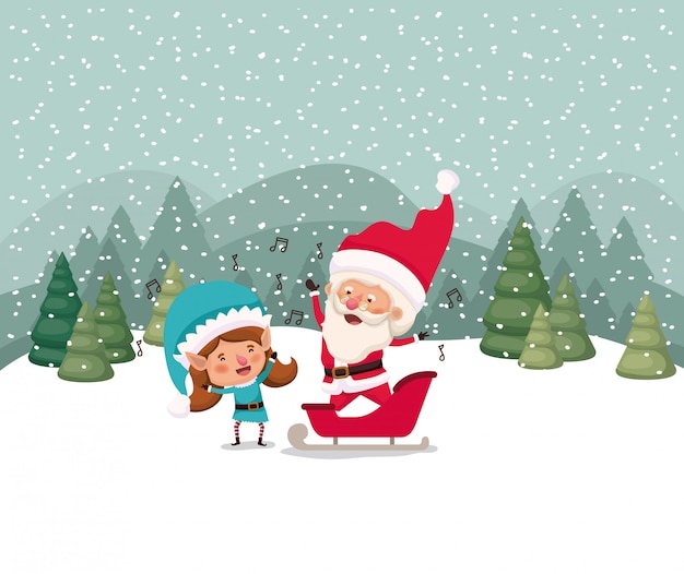 santa claus and girl helper in snowscape