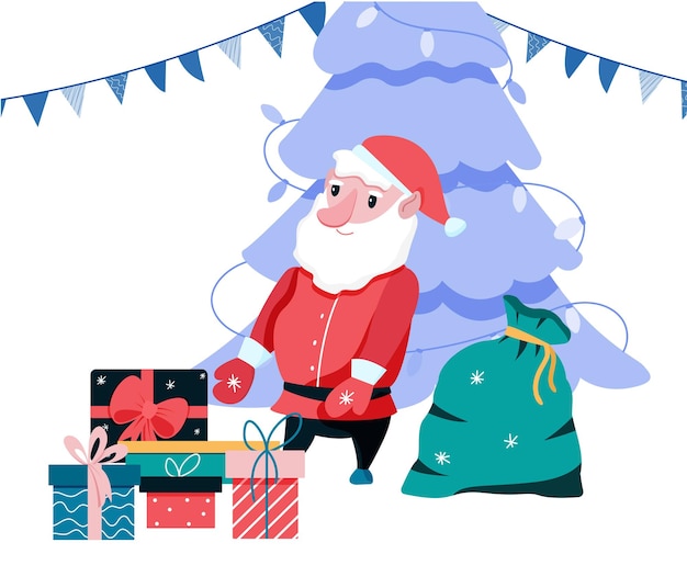 Santa Claus gives Christmas gifts. The season of giving concept. Vector illustration in flat style