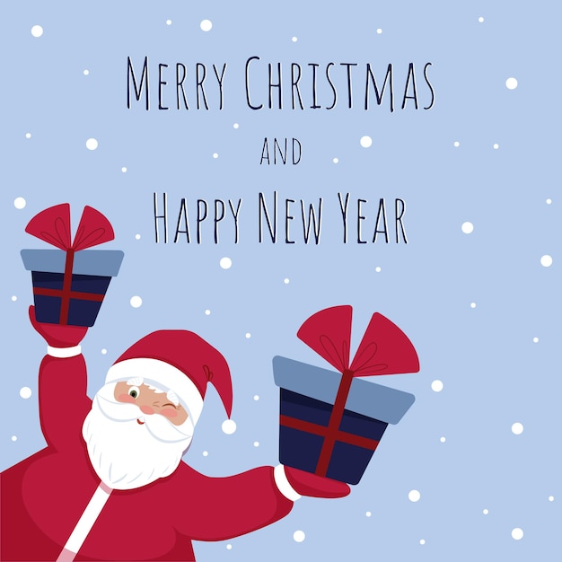 Santa Claus gives gifts greeting card Merry Christmas and New Year Vector in flat cartoon style