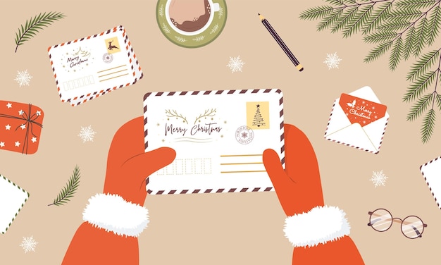 Santa claus hands holding envelope sending or receiving christmas postcard with congratulations top view vector illustration in flat cartoon style winter holiday wishes