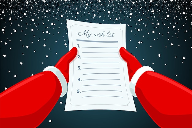 Le mani di babbo natale che tengono e leggono la carta della lista dei desideri della lettera su sfondo innevato natale e felice