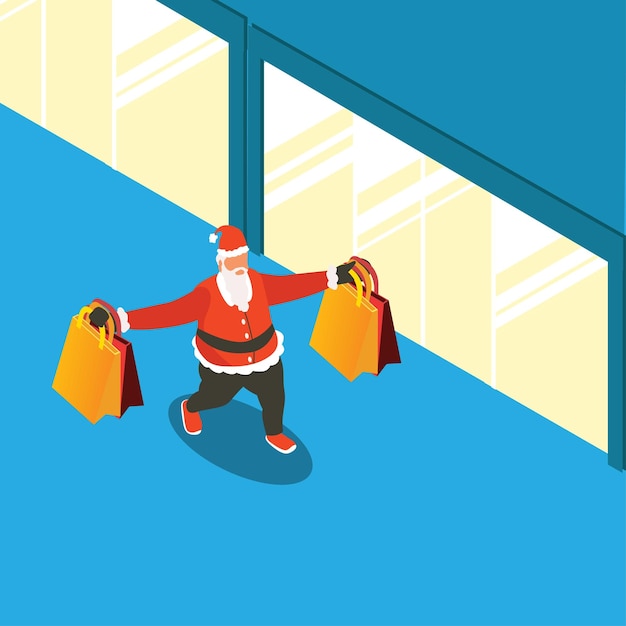 Santa Claus Happy Shopping Wandelen met tassen in Shop Mall isometrische 3d