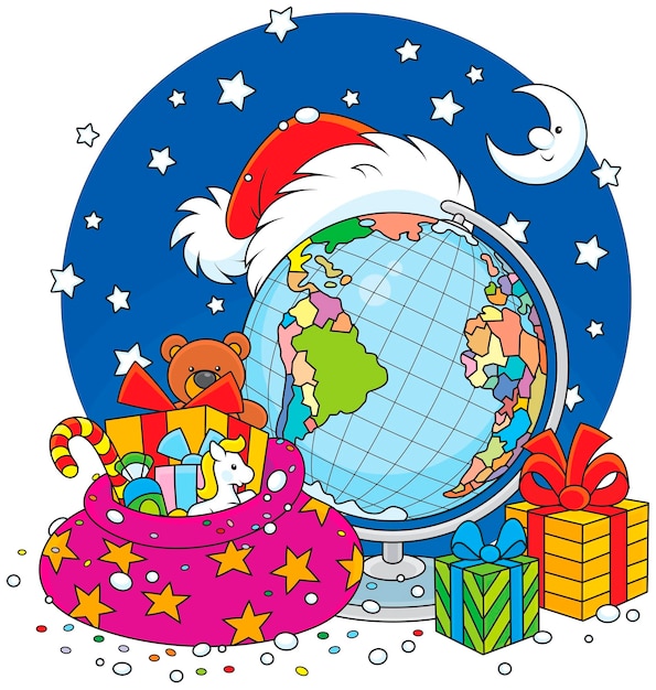 サンタクロースの帽子のクリスマスプレゼント地球と星と月