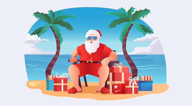 Vector santa claus in hat sitting in armchair at tropical sea beach with palms christmas eve holiday happy new year celebration template horizontal vector illustration