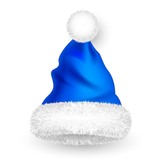 Вектор Шапка санта-клауса с мехом новый год синяя шляпа реалистичная зимняя шапка дизайн рождественской открытки