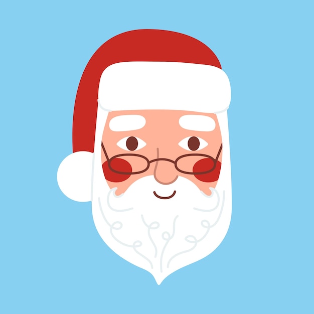 Santa Claus head in a hat glasses with a beard and red cheeks isolated on blue background