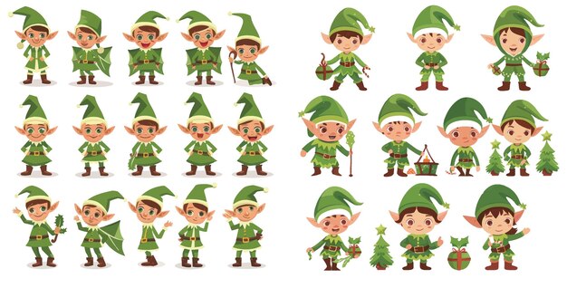 Vector santa claus helpers cartoon cute dwarf elves fun characters santas helper