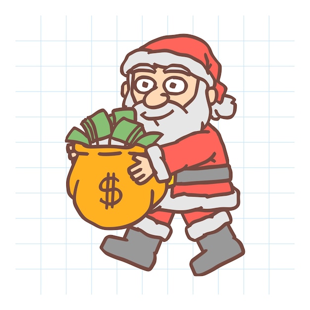 Babbo natale che tiene i soldi della borsa e sorride carattere vettoriale. illustrazione vettoriale