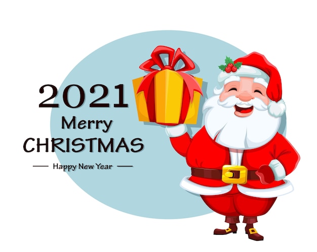 ギフトボックスを保持しているサンタクロース。メリークリスマス、そしてハッピーニューイヤー