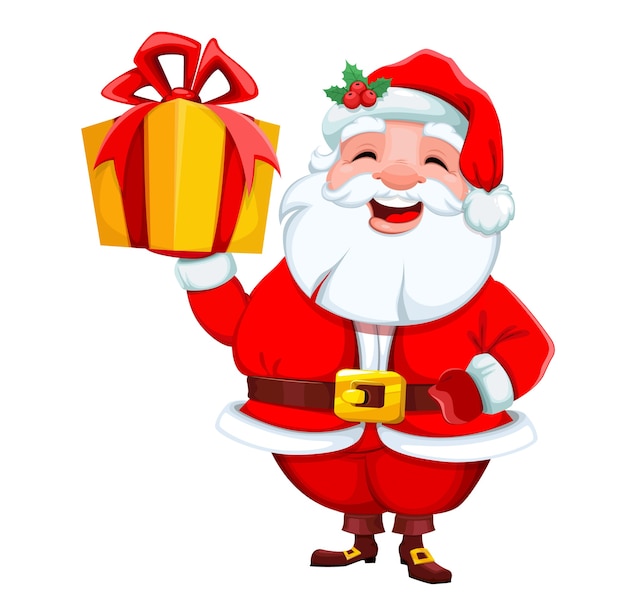 Vector santa claus holding gift box merry christmas and happy new year