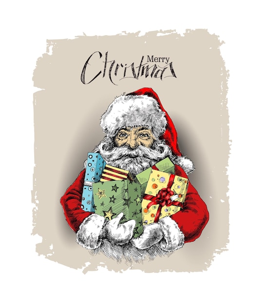 Santa Claus Holding a Gift Box. Merry Christmas - Vector illustration