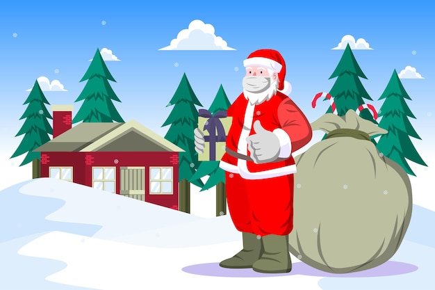 Vector santa claus holding a gift wearing a mask -  winrter activity