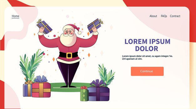 santa claus holding gifts festive scene with colorful presents and plants on a web page design with