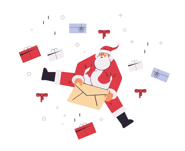 Santa claus houden brief envelop voorbereiding voor nieuwjaar kerstvakantie viering concept horizontale vectorillustratie