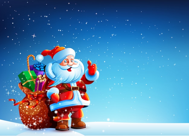 Santa Claus in sneeuw met zak met geschenken
