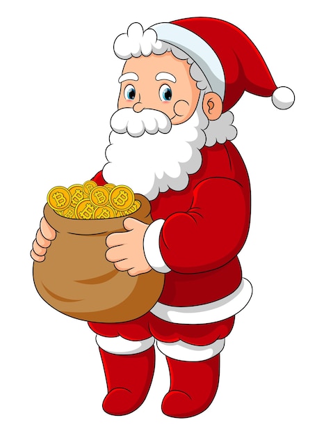 The santa claus is carrying a big sack of bitcoins