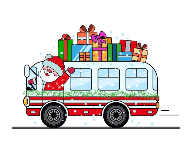 Santa claus is carrying gifts on the roof of the christmas bus.