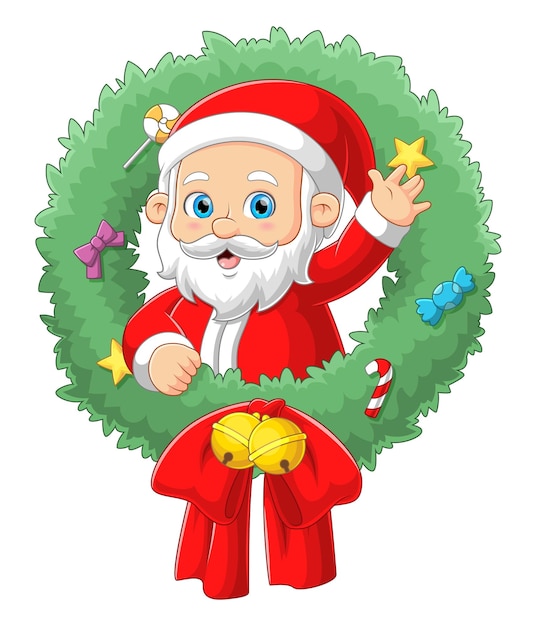 The Santa claus is coming out from the christmas wreath with the sparkling ornament