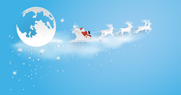 Santa claus is coming town with snowflake,moon and christmas tree ,merry christmas ,happy new year.